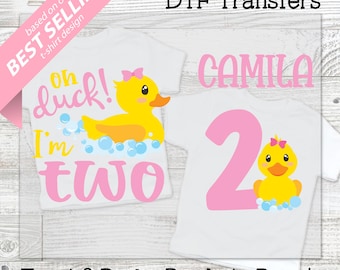 Trasferimento DTF per il secondo compleanno di Rubber Ducky - Maglietta per il secondo compleanno di una bambina, quack splish splash, oh papera ho due anni, rosa giallo, tema anatra di gomma