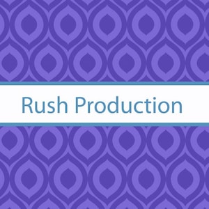 May include: A purple background featuring a repeating pattern of oval shapes. A white banner with the text "Rush Production" in blue spans the image. The banner is outlined with a teal border.