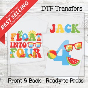 May include: Two white t-shirts with colorful summer-themed designs. One shirt says "Float Into Four" with sunglasses, watermelon, and ice cream graphics. The other shirt says "Jack" and has a large number 4 with sunglasses and a watermelon.