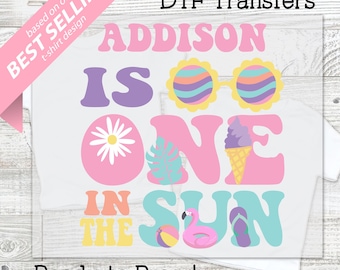 ONE in the Sun DTF Transfer - Baby Girl Birthday Shirt, tropical summer theme, Personalized Name Bodysuit, DIY t shirt transfer, pool splash