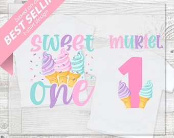 Sweet ONE Ice Cream 1st Birthday DTF Transfer - Girl First Birthday Shirt, pastel pink purple, one year old, ice cream sprinkles, shirt back