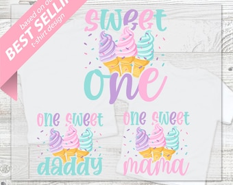Sweet ONE DTF Transfer - Ice Cream Birthday Shirts for Family, one sweet girl, pastel pink purple, ice cream parlour, sprinkles, mom dad