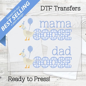 Silly Goose on the Loose in Blue Gingham DTF Transfer - goose birthday theme, diy baby shower shirt transfer, mom dad shirt, silly goose boy