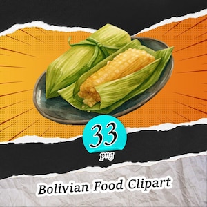 May include: Watercolor illustration of Bolivian food, featuring two tamales on a dark plate. One tamale is open, revealing the corn filling, while the other is wrapped. The image has a torn paper effect with the text "Bolivian Food Clipart".