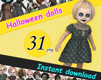 31 Creepy Halloween Doll Clipart Bundle Spooky Cute Gothic Girls PNG Watercolor Horror, Zombie, Victorian Dolls for Crafts Stickers