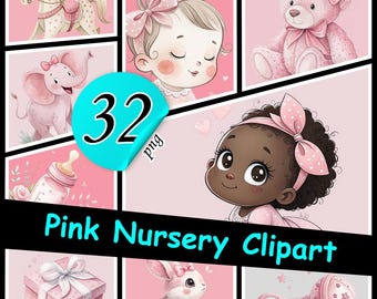 Pink Watercolor Baby Nursery Clipart – Newborn Girl Toys, Plush Animals & Nursery Elements PNG