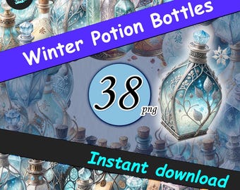 Winter Potion Bottles Clipart Watercolor Magical Potions PNG Bundle Witchcore Fantasy Bottle Illustrations