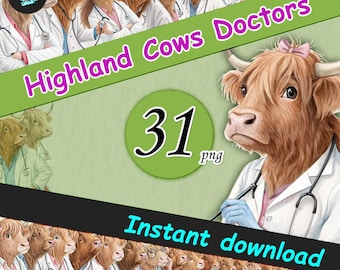 Highland Cow Doctor Clipart Bundle: Watercolor Medical PNG (Digital Download)