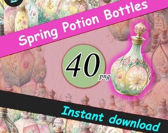 Watercolor Potion Bottles Clipart: Spring Floral Magic (PNG Digital Download)