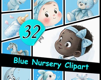 Akvarell blå barnrumsclipart: Babypojkeleksaker och djur PNG, babyshowerinbjudningsgrafik