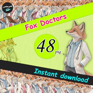 Lot de 48 cliparts docteur renard aquarelle mignon bébé renard avec stéthoscope PNG, illustrations d'animaux médicaux pour chambre d'enfant, sublimation.