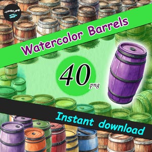 Aquarell Holzfässer Clipart, Whisky, Wein, Bierfass PNG, rustikale Eichenfass Kunst für Kunsthandwerk, Junk Journals, Sublimation