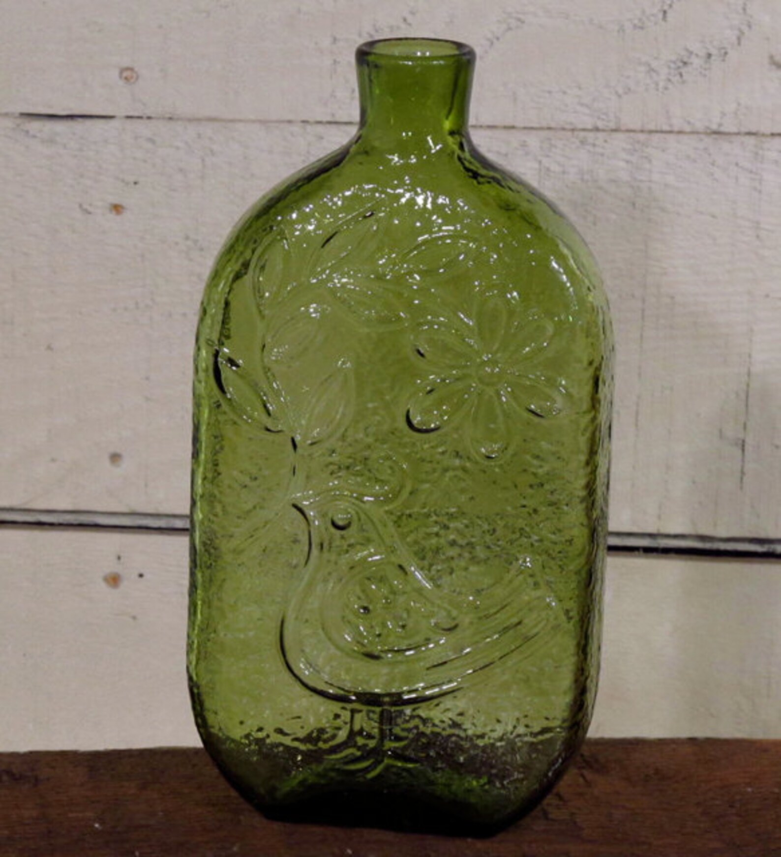 Retro Green Glass Bottle with Embossed Bird and Flower Etsy