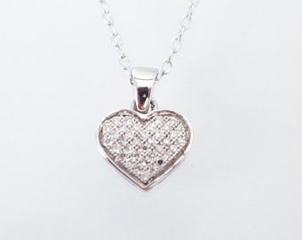 10k White Gold Diamond Heart Pendant, Micro Pave Diamond Heart Pendant, Diamond Heart Jewelry