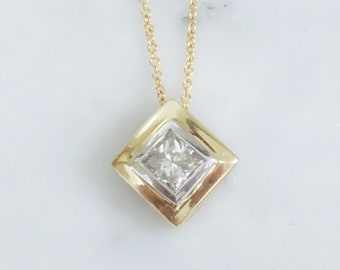 Princess Diamond Pendant Necklace, Bezel Set Diamond Two-tone Gold, Diamond Solitaire Necklace