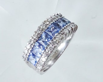 Sapphire Ring Vintage, Sapphire Ring Band, Sapphire and Diamond Band, 14k White Gold Light Blue Sapphire Ring