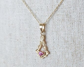 Vintage Pink Sapphire Pendant 14k Gold, Dainty Sapphire Pendant, Victorian Pendant