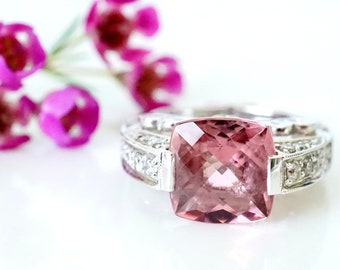 Pink Tourmaline Diamond Ring , 14k White Gold, Unique Engagement Ring, 3 carat