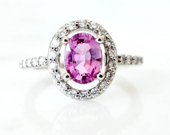 Pink Sapphire Ring, Pink Sapphire Halo Ring, Oval Sapphire Engagement Ring, Sapphire Diamond Palladium Ring