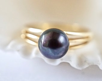 Black Pearl Ring 14k Yellow Gold, Promise Ring