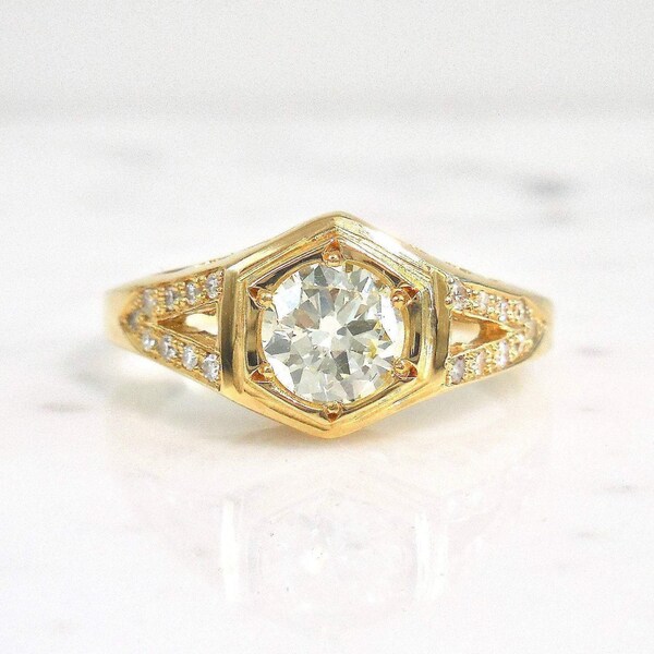 Antique Diamond Engagement Ring, Old European Cut Diamond Ring ,14k Gold, Hexagon Diamond Ring