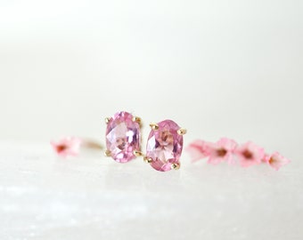 Pink Tourmaline Earrings, October Birthstone,  Oval Stud Earrings, 14K gold