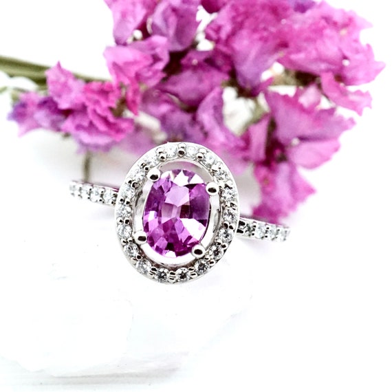 Pink Sapphire Ring, Pink Sapphire Halo Ring, Oval… - image 4