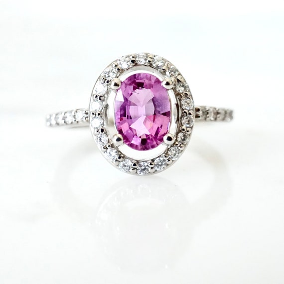 Pink Sapphire Ring, Pink Sapphire Halo Ring, Oval… - image 1