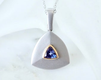 Tanzanite White  18K Gold Pendant, Unique Triangle Tanzanite Pendant, Modern style