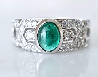 Art Deco Emerald Diamond Wedding Ring, Emerald White 14k Gold Wedding Band