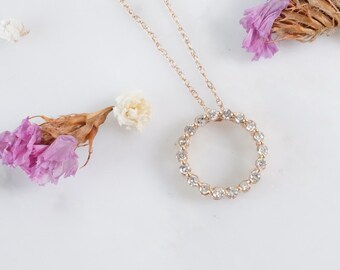 Diamond Circle Rose Gold Necklace, 14k Diamond Infinity Necklace