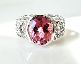 Tourmaline Ring, Pink Tourmaline Diamond Ring, October Birthstone Ring 14k white gold