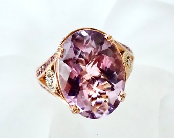 Oval Amethyst Ring, Amethyst and Pink Sapphire Diamond Ring, Unique Amethyst Ring, 14k Rose Gold