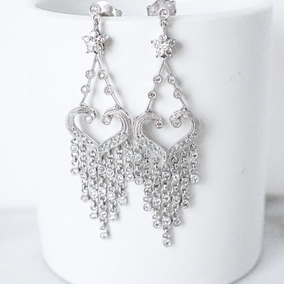 Diamond Chandelier Earrings, 14k White Gold Brida… - image 1