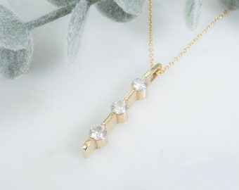 Diamond Bar Necklace, 3 Stone Diamond Pendant 14k Gold
