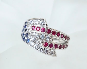 Ruby and Sapphire 14k White Gold Ring, Multi Stone Statement Ring, Red, White and Blue Ring