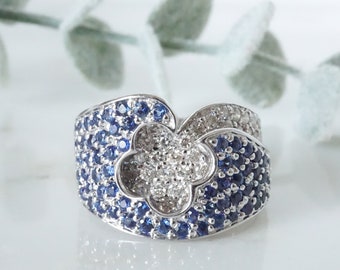 Sapphire Diamond Ring, Pave White Gold, Lucky Clover Ring