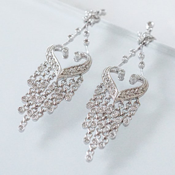 Diamond Chandelier Earrings, 14k White Gold Brida… - image 5
