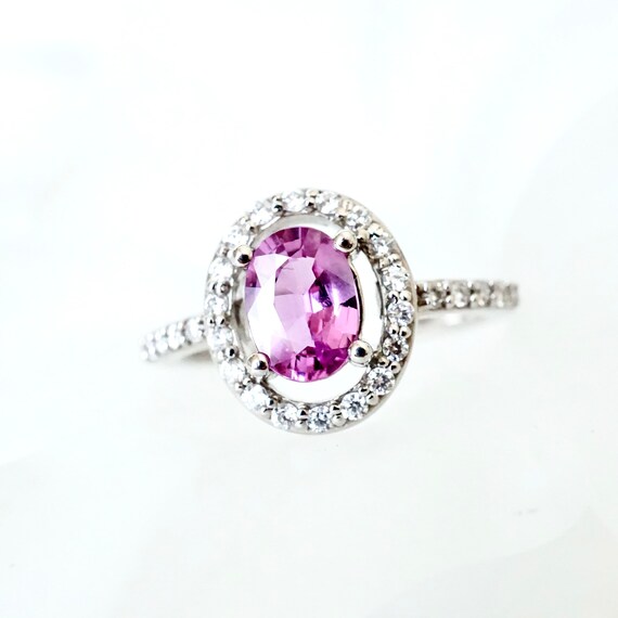 Pink Sapphire Ring, Pink Sapphire Halo Ring, Oval… - image 6