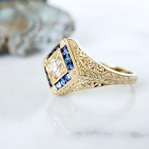 Vintage Blue Sapphire and Diamond Ring, Blue Sapph