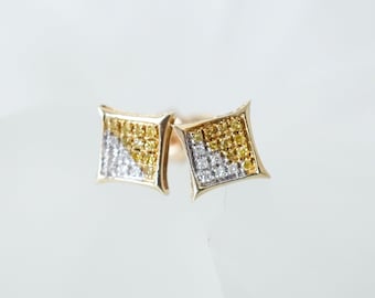 Pave Yellow and White Diamond Stud Earrings, Unisex Geometric Square Earrings