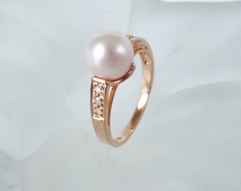 Pearl Ring, 8mm Pearl Diamond Rose Gold Ring