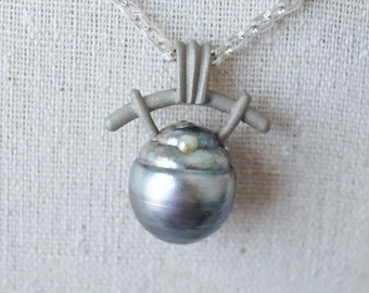 Grey Tahitian Baroque Pearl Pendant 14k White Gold, Japanese Inspired Pearl Pendant