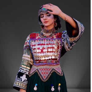 Handcrafted Afghan Kuchi Dress: Embroidered Maxi Dress with Coins