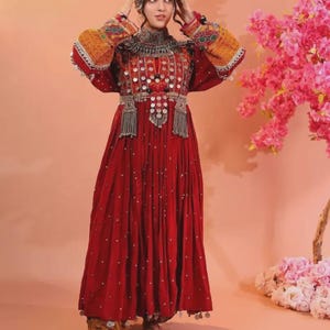 Handmade Afghan Kuchi Dress: Red Embroidered Vintage Dress with Coins