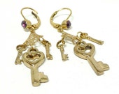 Skeleton Key Earrings - Dangling Keys - Victorian Revival - Pierced Earrings - Goldtone & Purple Rhinestone