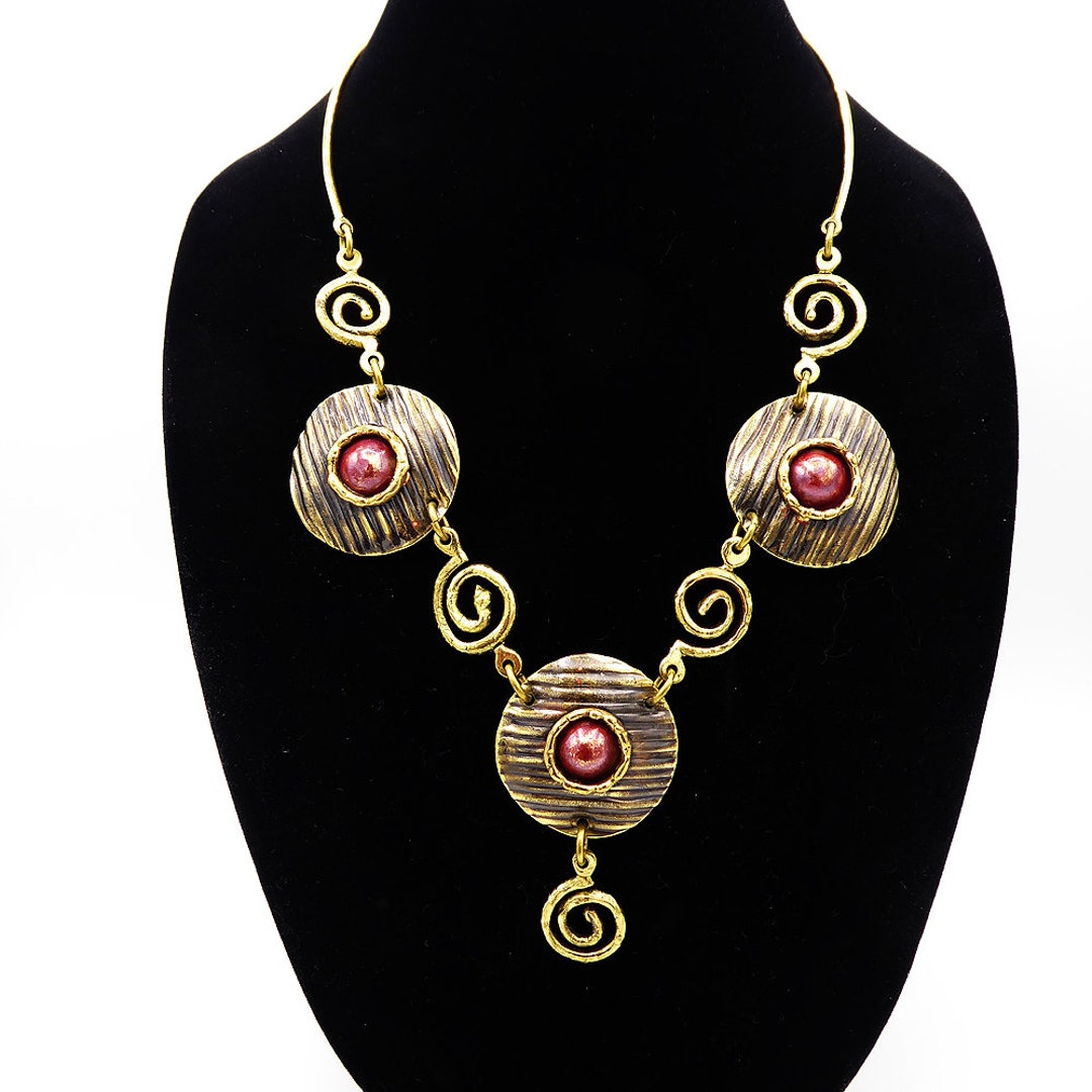 African Tribal Y Necklace in Gold Stripes Swirls and Reddish - Etsy
