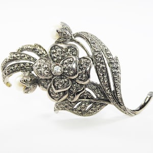 Kenneth Jay Lane Flower Brooch, &quot;Antique Impressions&quot; brooch. C.1990 Signed KJL for Avon, Silver Tone, Faux Marcasites & Simulated Pearls,