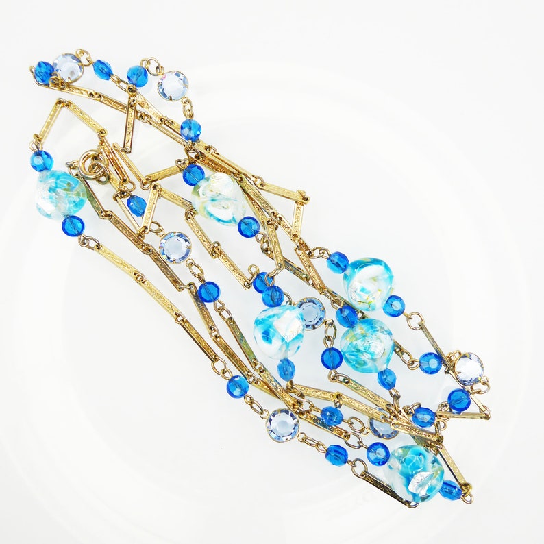 Shades of Blue Beaded Necklace Bezel Set Austrian Crystals Gold Tone Chain with Venetian Glass /& Oval Crystal Beads Vintage 1970s 1980s