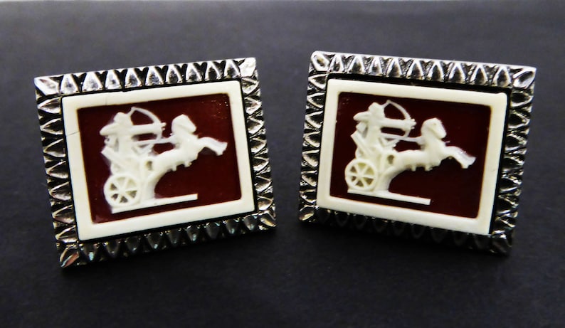 Vintage 1980s 1990s for Men White Horse Chariot Rust Brown Greek Soldier Intaglio Cameo Style Cuff Links Retangle Shaped Silver Tone